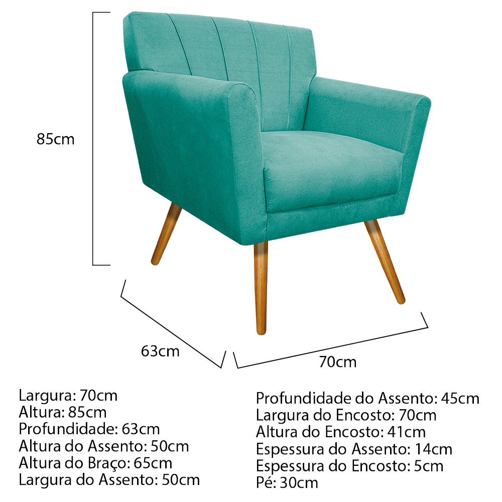Poltrona Laura Pés Palito Mel Suede Azul Tiffany - Amarena Móveis
