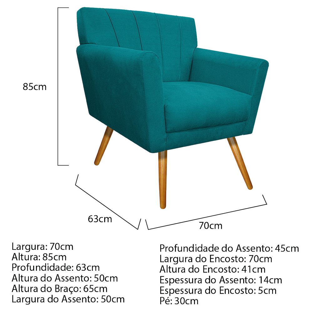 Poltrona Laura Pés Palito Mel Suede Azul Turquesa - Amarena Móveis