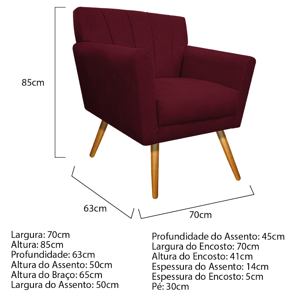 Poltrona Laura Pés Palito Mel Suede Bordô - Amarena Móveis