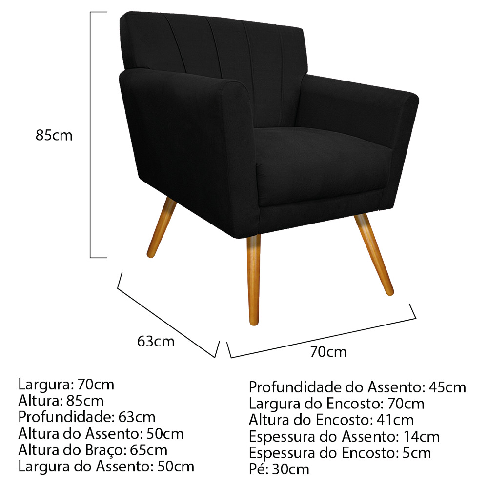 Poltrona Laura Pés Palito Mel Suede Preto - Amarena Móveis