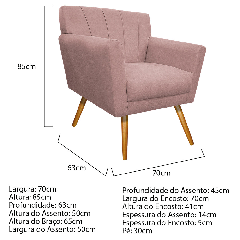 Poltrona Laura Pés Palito Mel Suede Rosê - Amarena Móveis