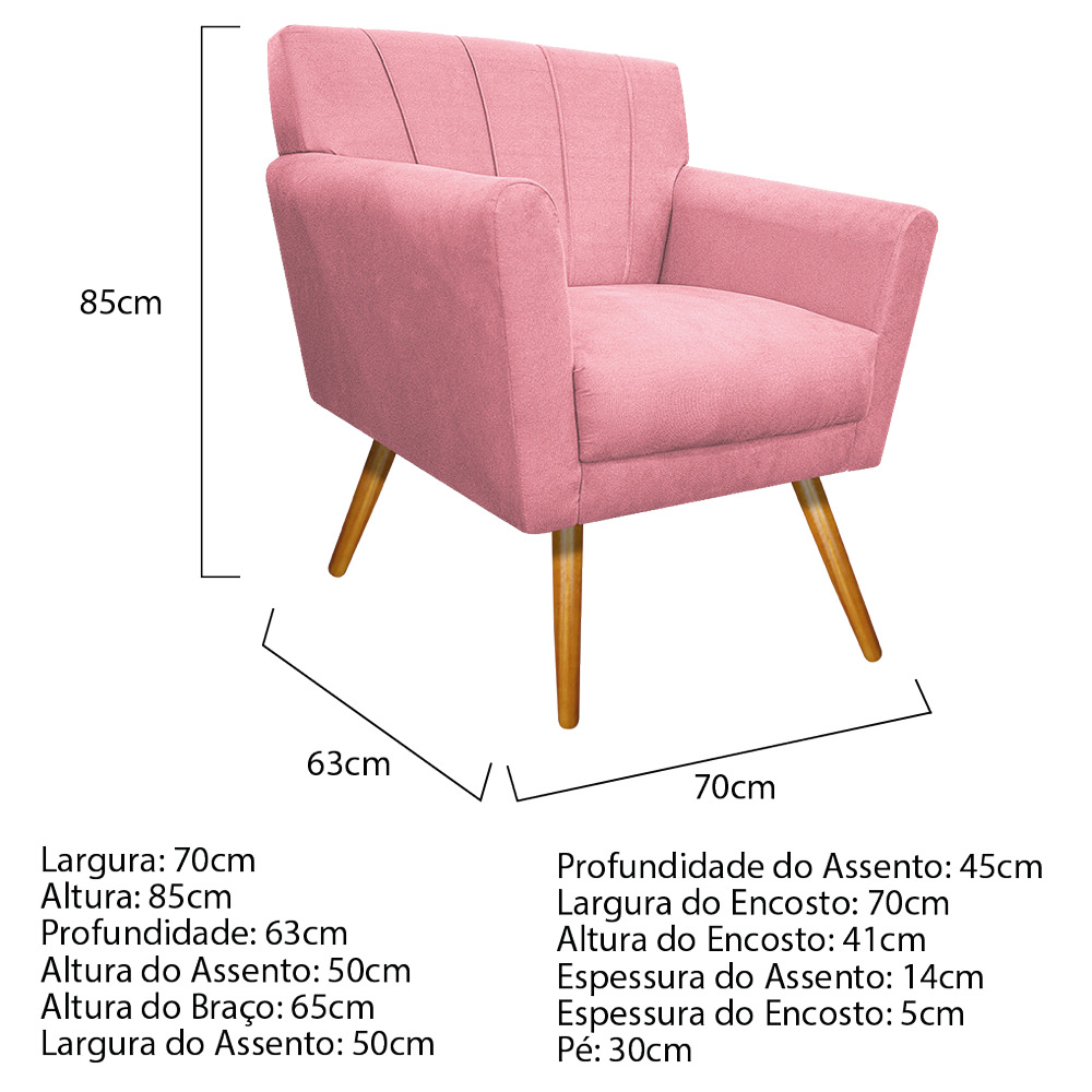 Poltrona Laura Pés Palito Mel Suede Rosa Bebê - Amarena Móveis