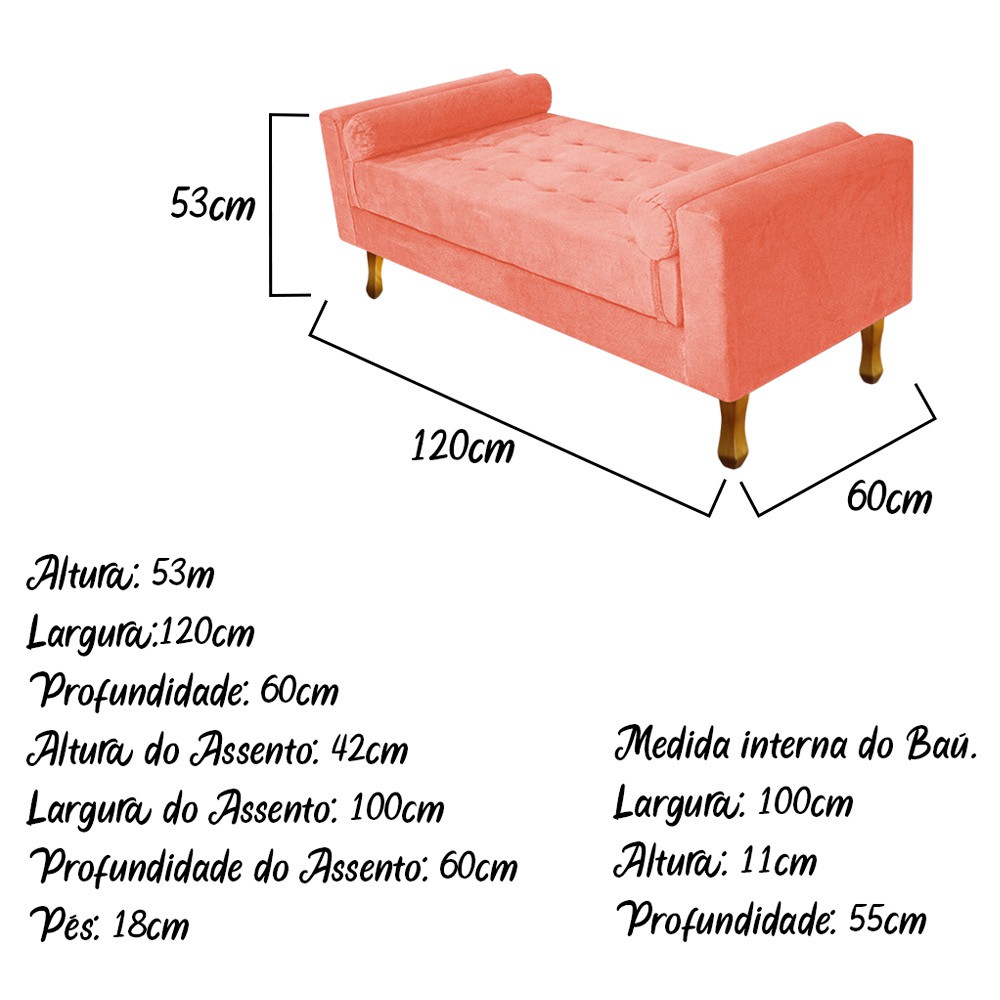 Recamier Baú Félix Solteiro 120cm Suede Coral - Amarena Móveis