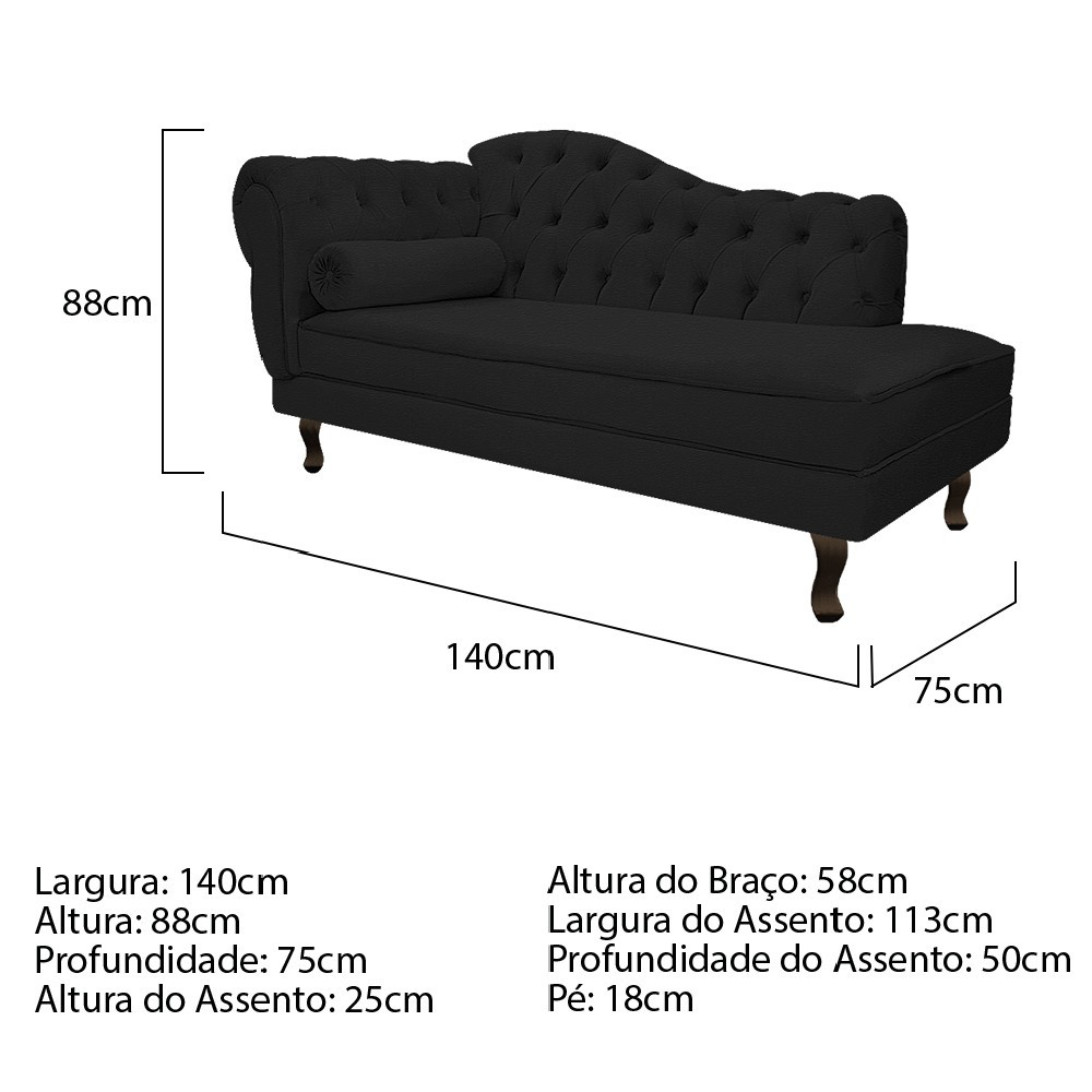 Recamier Diana 140cm Lado Direito Corano Preto - Amarena Móveis