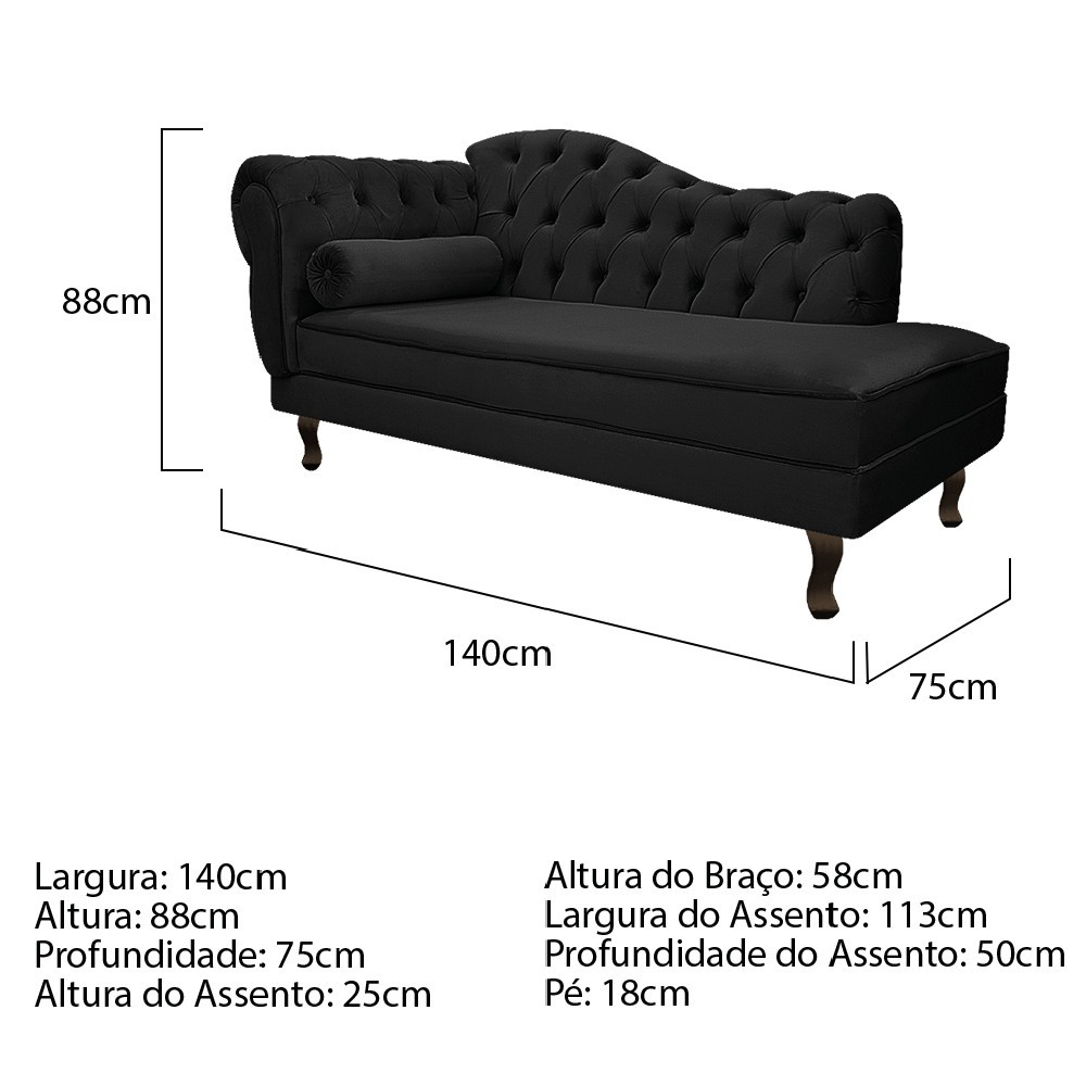 Recamier Diana 140cm Lado Direito Suede Preto - Amarena Móveis