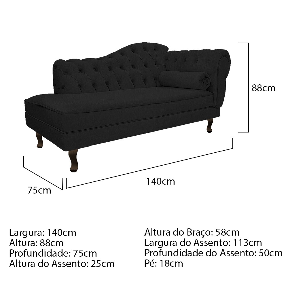 Recamier Diana 140cm Lado Esquerdo Corano Preto - Amarena Móveis