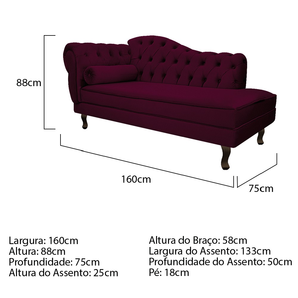 Recamier Diana 160cm Lado Direito Suede Bordô - Amarena Móveis