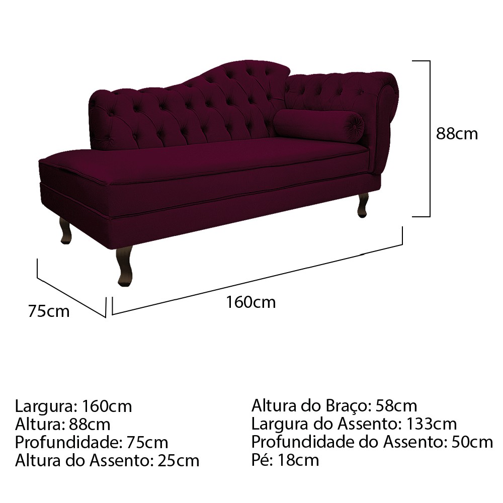 Recamier Diana 160cm Lado Esquerdo Suede Bordô - Amarena Móveis