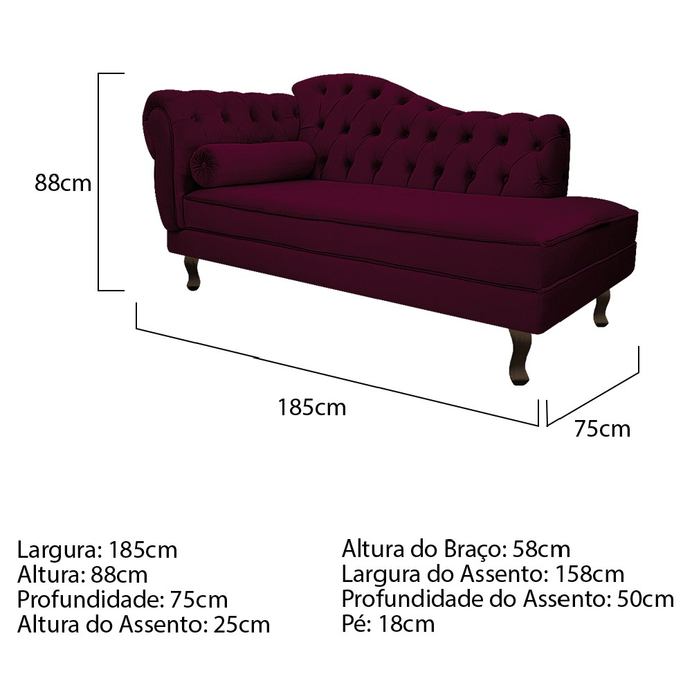 Recamier Diana 185cm Lado Direito Suede Bordô - Amarena Móveis