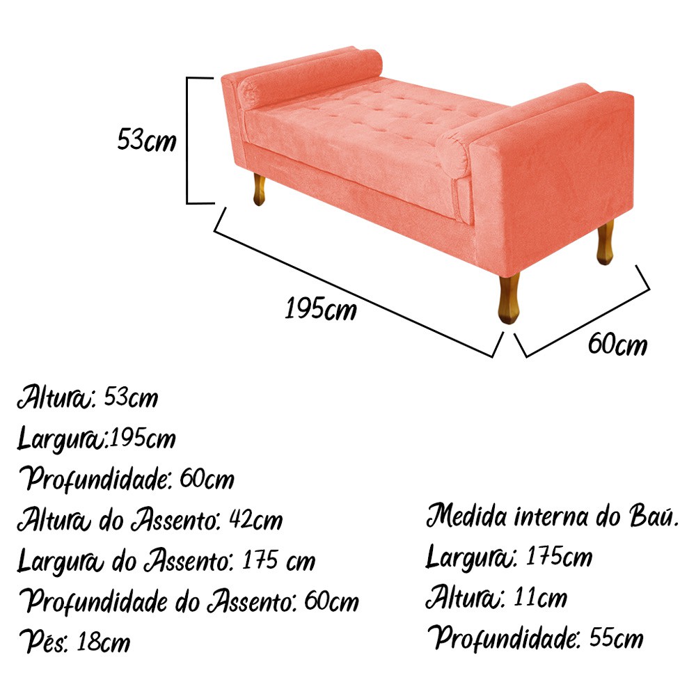 Recamier Félix King Size 195cm Suede Coral - Amarena Móveis