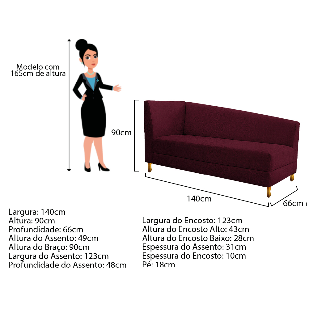 Recamier Valéria 140cm Lado Direito Suede Bordô - Amarena Móveis