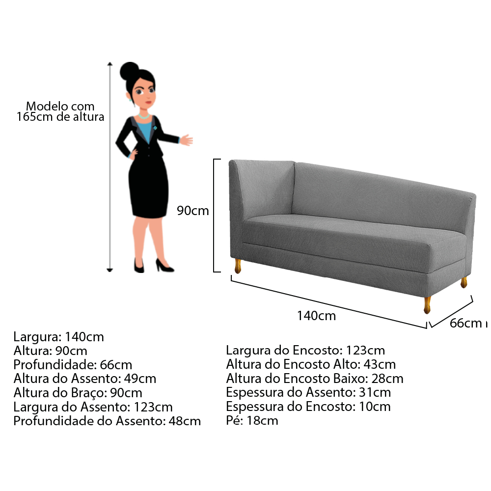Recamier Valéria 140cm Lado Direito Suede Cinza - Amarena Móveis