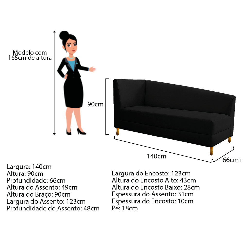 Recamier Valéria 140cm Lado Direito Suede Preto - Amarena Móveis