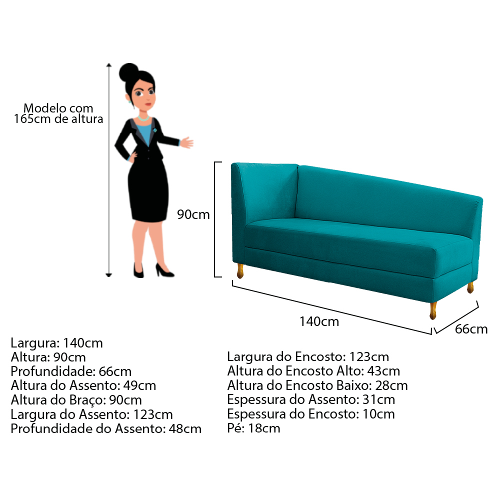 Recamier Valéria 140cm Lado Esquerdo Suede Azul Turquesa - Amarena Móveis