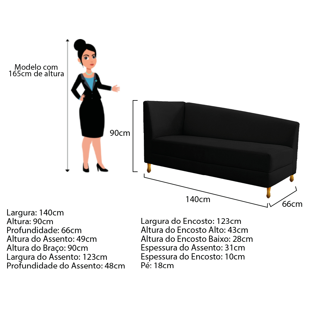 Recamier Valéria 140cm Lado Esquerdo Suede Preto - Amarena Móveis