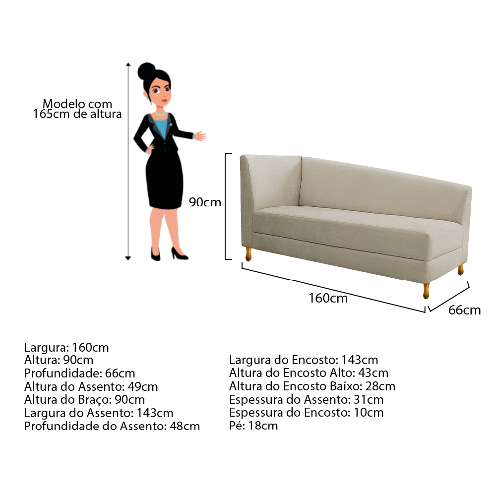 Recamier Valéria 160cm Lado Direito Corano Bege - Amarena Móveis