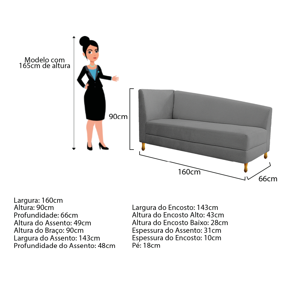 Recamier Valéria 160cm Lado Direito Corano Cinza - Amarena Móveis
