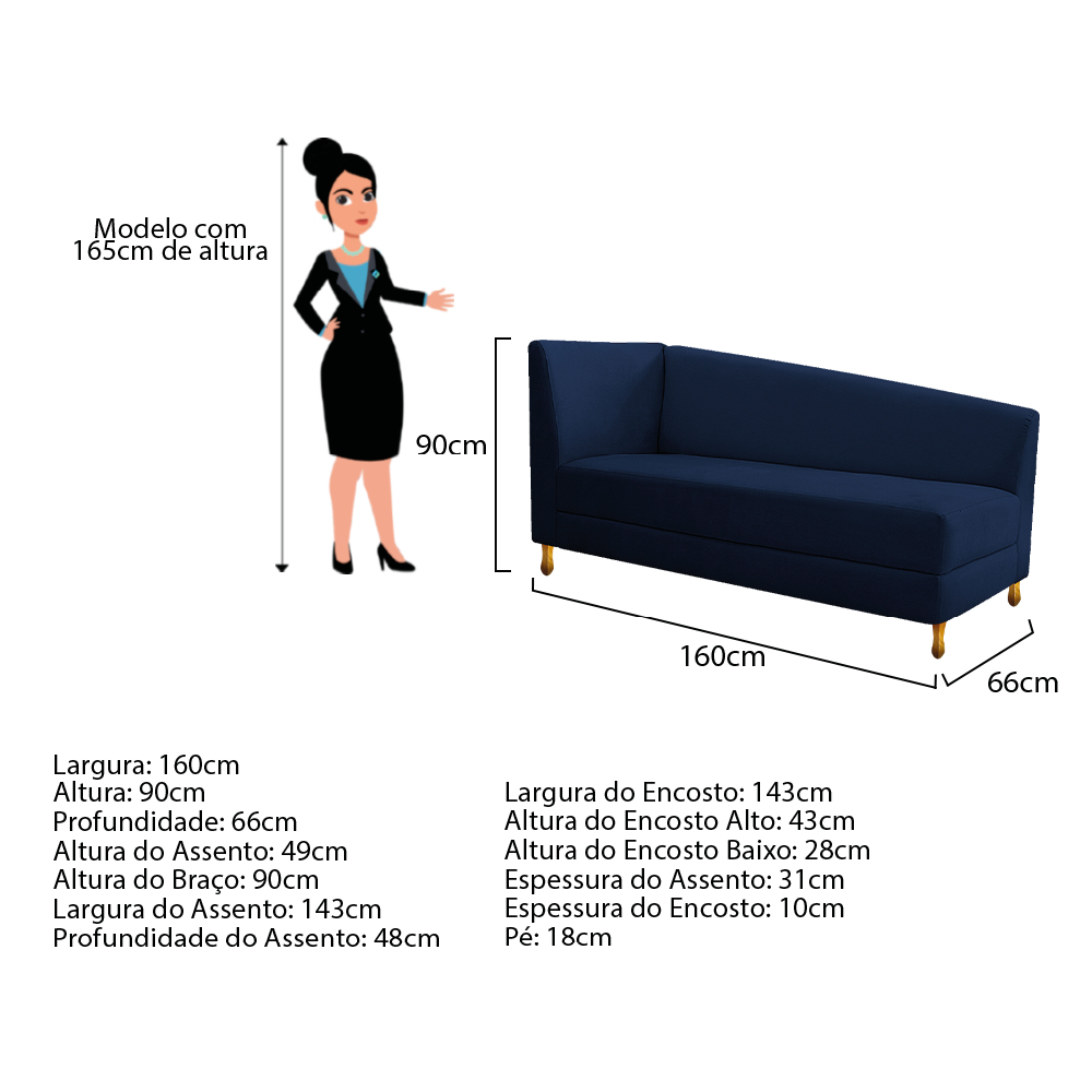 Recamier Valéria 160cm Lado Direito Suede Azul Marinho - Amarena Móveis