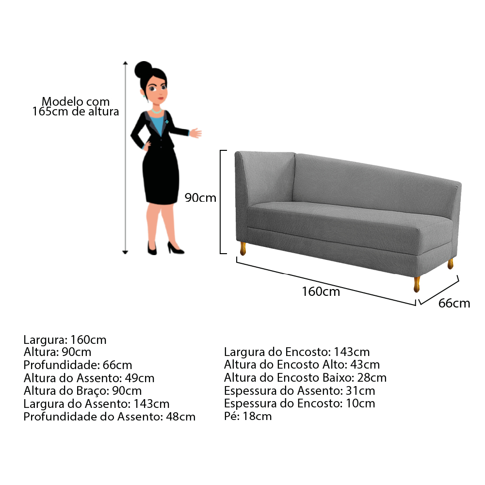 Recamier Valéria 160cm Lado Direito Suede Cinza - Amarena Móveis