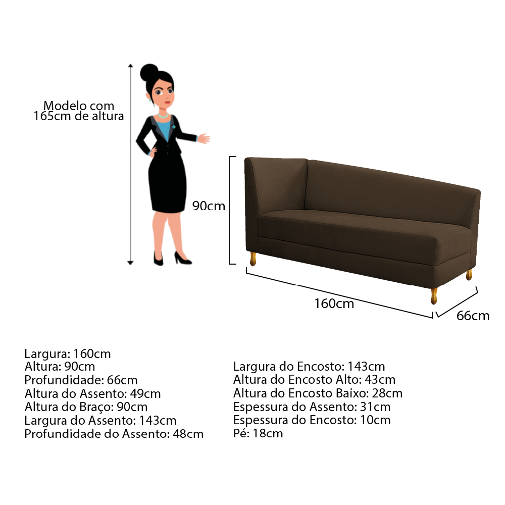 Recamier Valéria 160cm Lado Direito Suede Marrom - Amarena Móveis
