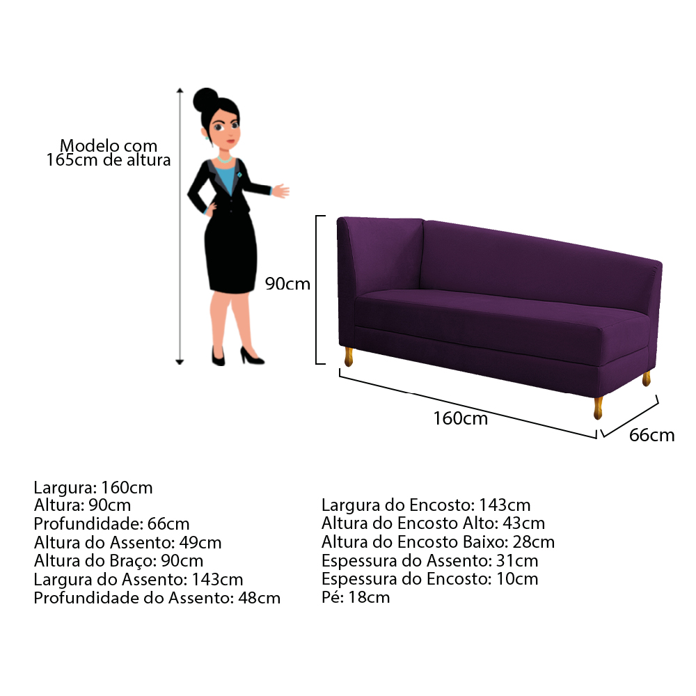 Recamier Valéria 160cm Lado Direito Suede Roxo - Amarena Móveis