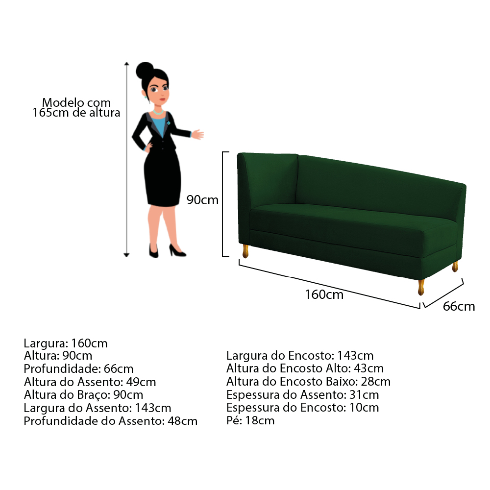 Recamier Valéria 160cm Lado Direito Suede Verde - Amarena Móveis