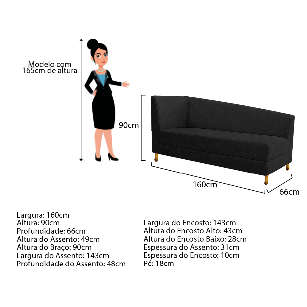 Recamier Valéria 160cm Lado Esquerdo Corano Preto - Amarena Móveis