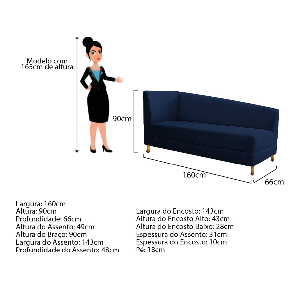 Recamier Valéria 160cm Lado Esquerdo Suede Azul Marinho - Amarena Móveis