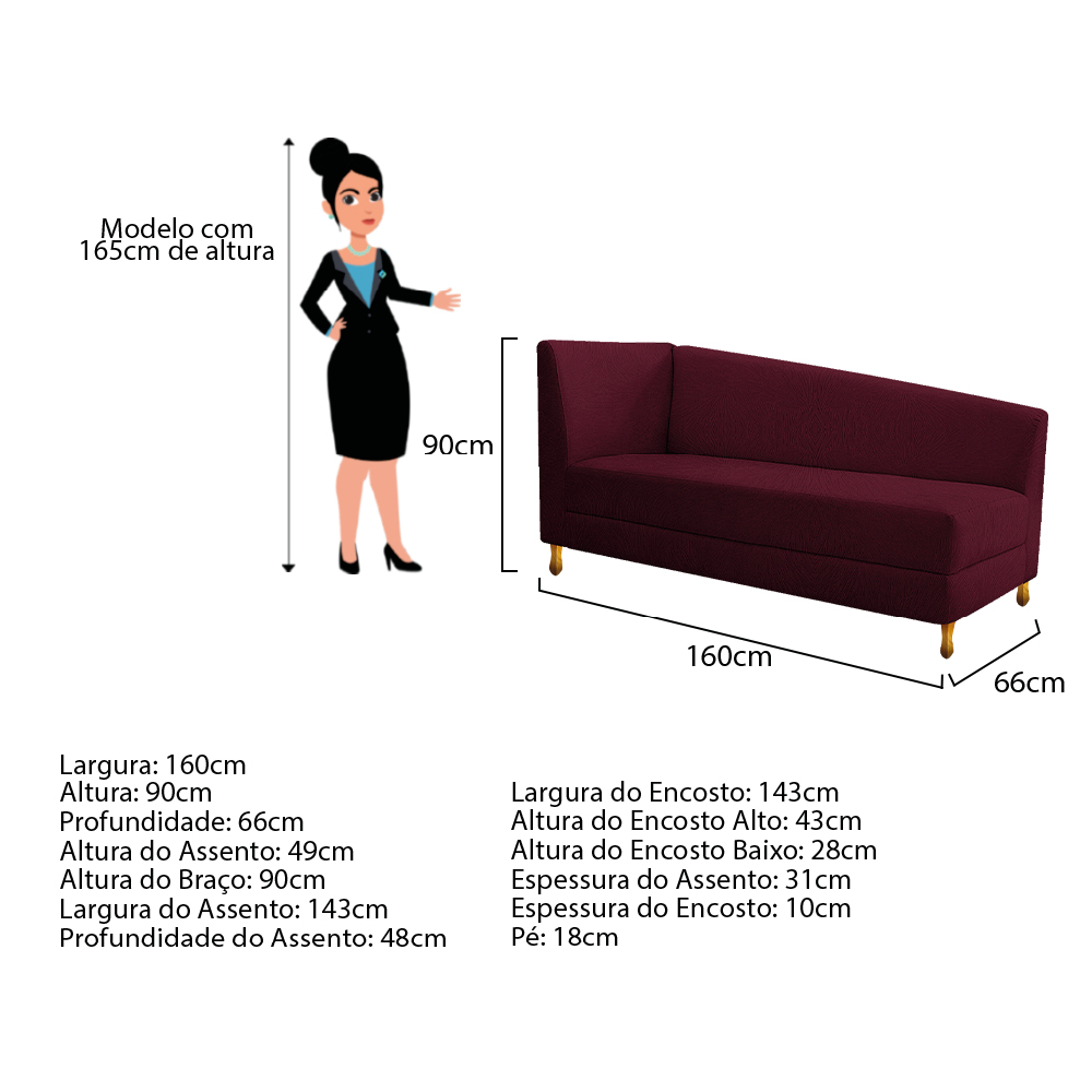 Recamier Valéria 160cm Lado Esquerdo Suede Bordô - Amarena Móveis