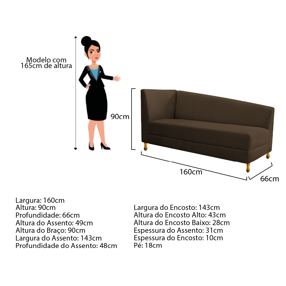 Recamier Valéria 160cm Lado Esquerdo Suede Marrom - Amarena Móveis