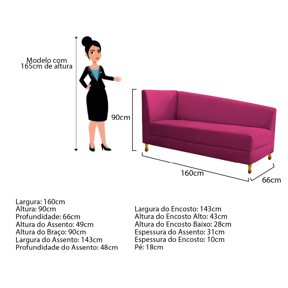 Recamier Valéria 160cm Lado Esquerdo Suede Pink - Amarena Móveis