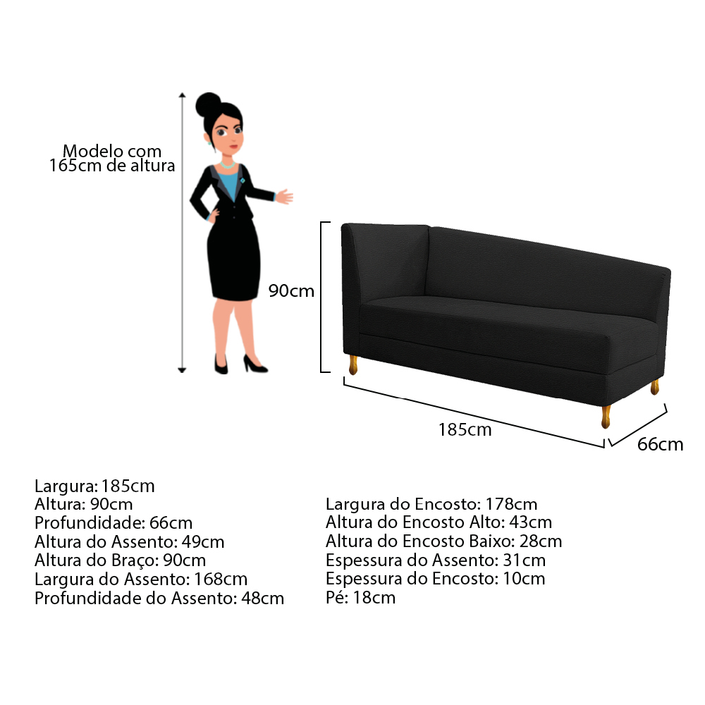 Recamier Valéria 185cm Lado Direito Corano Preto - Amarena Móveis