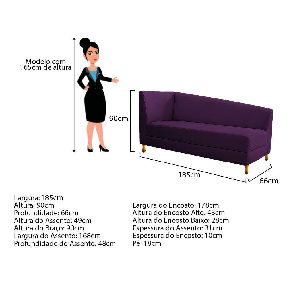 Recamier Valéria 185cm Lado Direito Suede Roxo - Amarena Móveis