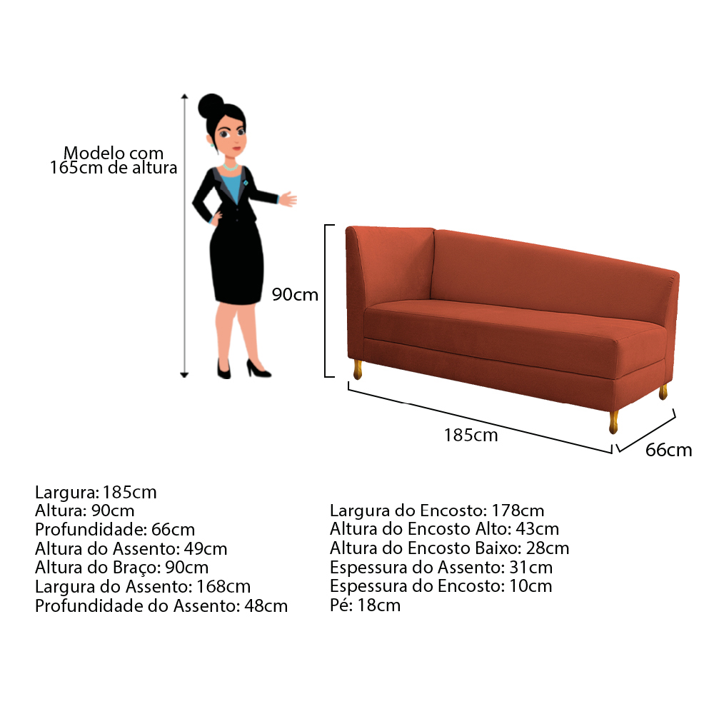 Recamier Valéria 185cm Lado Direito Suede Terracota - Amarena Móveis