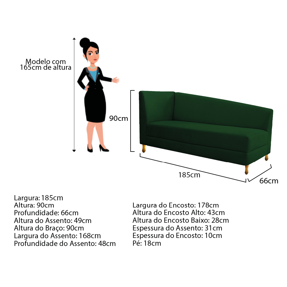 Recamier Valéria 185cm Lado Direito Suede Verde - Amarena Móveis