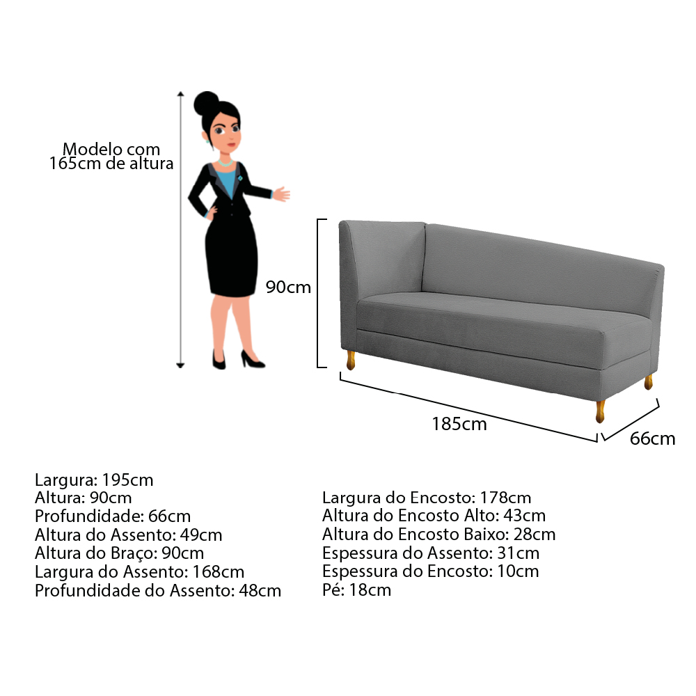Recamier Valéria 185cm Lado Esquerdo Corano Cinza - Amarena Móveis