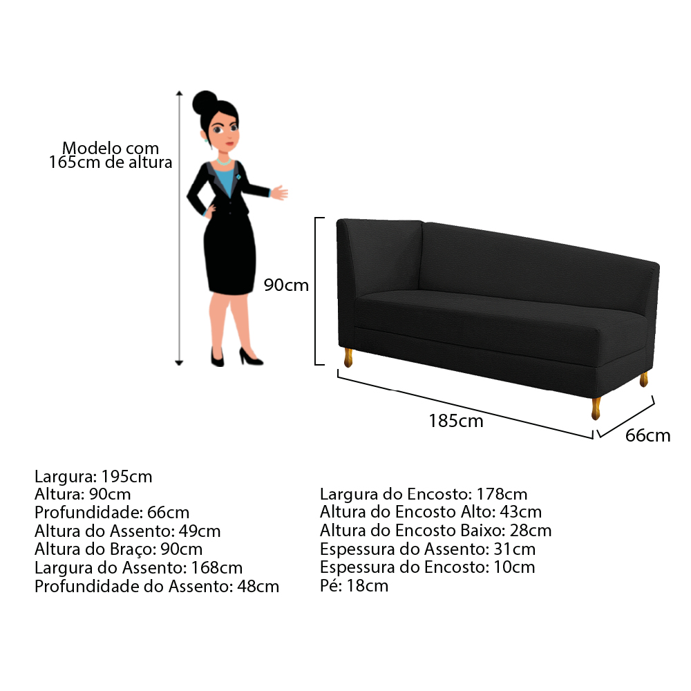 Recamier Valéria 185cm Lado Esquerdo Corano Preto - Amarena Móveis