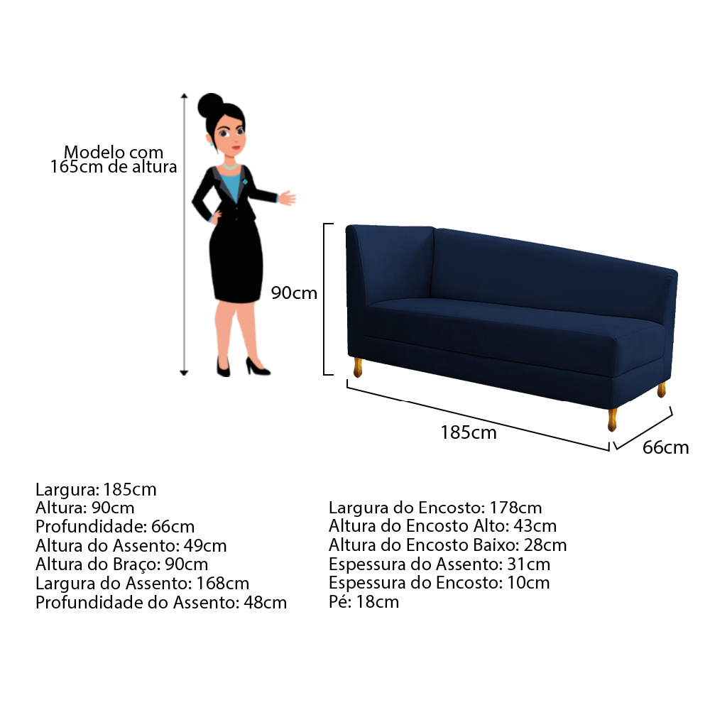 Recamier Valéria 185cm Lado Esquerdo Suede Azul Marinho - Amarena Móveis