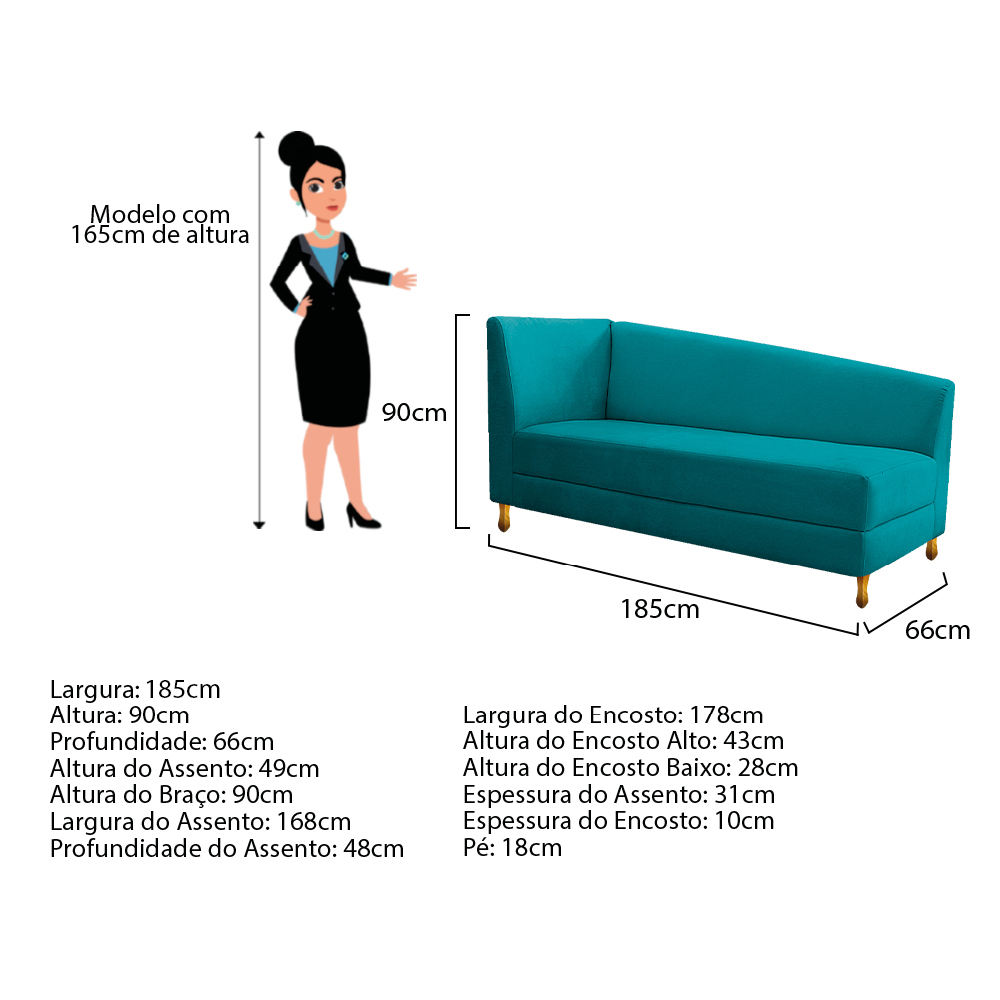 Recamier Valéria 185cm Lado Esquerdo Suede Azul Turquesa - Amarena Móveis