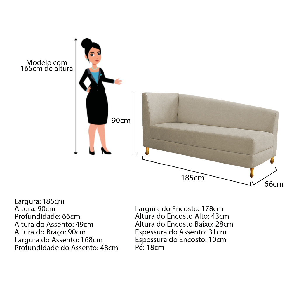 Recamier Valéria 185cm Lado Esquerdo Suede Bege - Amarena Móveis