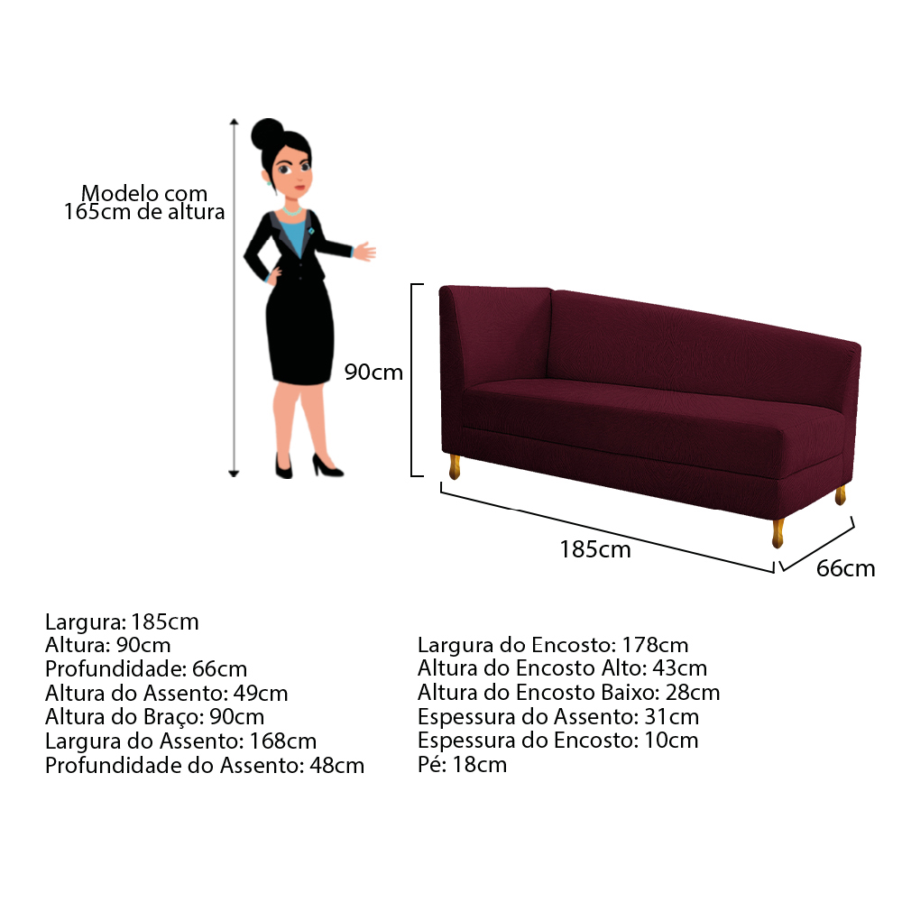 Recamier Valéria 185cm Lado Esquerdo Suede Bordô - Amarena Móveis