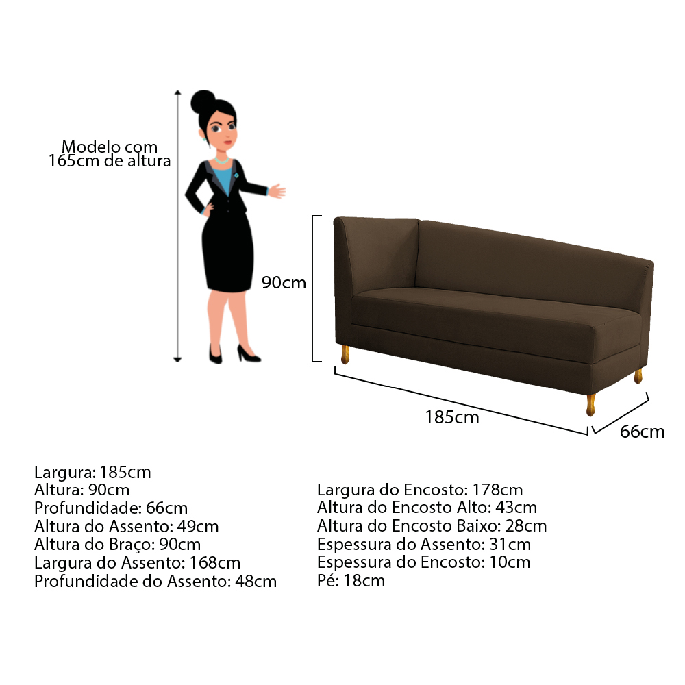 Recamier Valéria 185cm Lado Esquerdo Suede Marrom - Amarena Móveis
