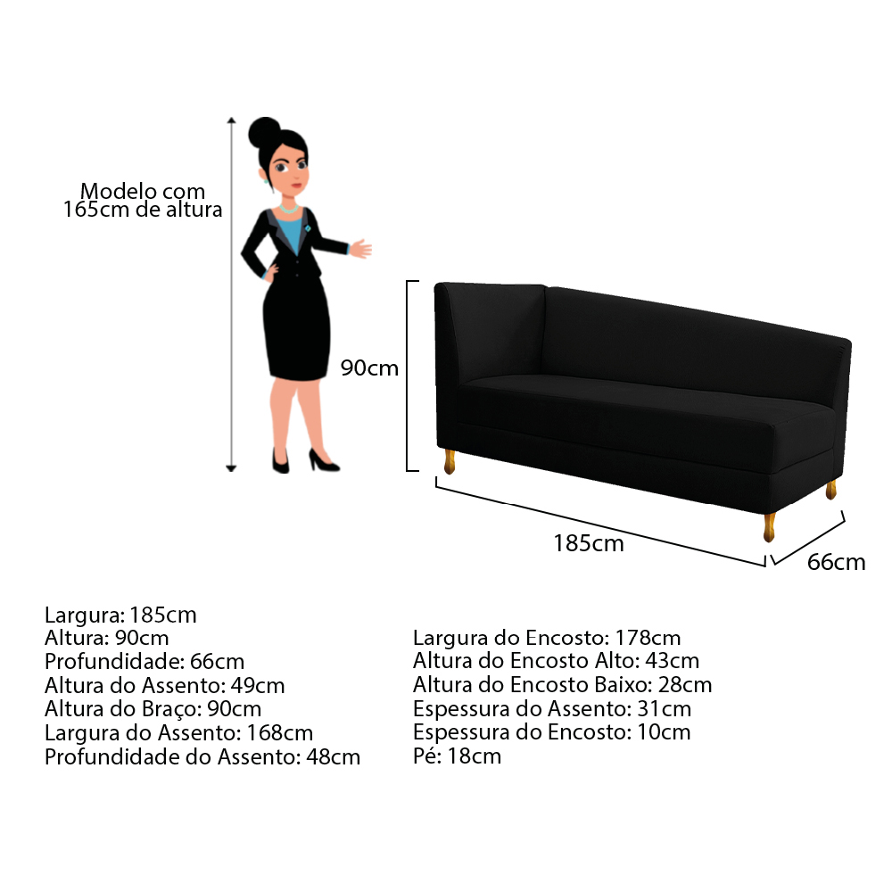 Recamier Valéria 185cm Lado Esquerdo Suede Preto - Amarena Móveis