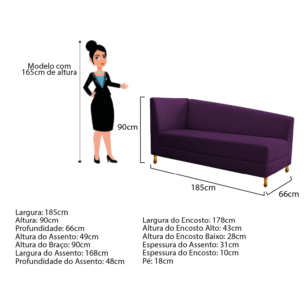 Recamier Valéria 185cm Lado Esquerdo Suede Roxo - Amarena Móveis