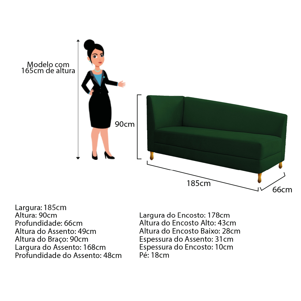 Recamier Valéria 185cm Lado Esquerdo Suede Verde - Amarena Móveis