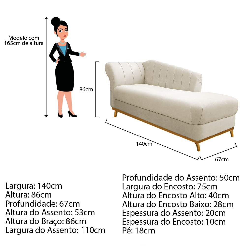 Recamier Vanessa 140cm Lado Direito Corano Bege - Amarena Móveis