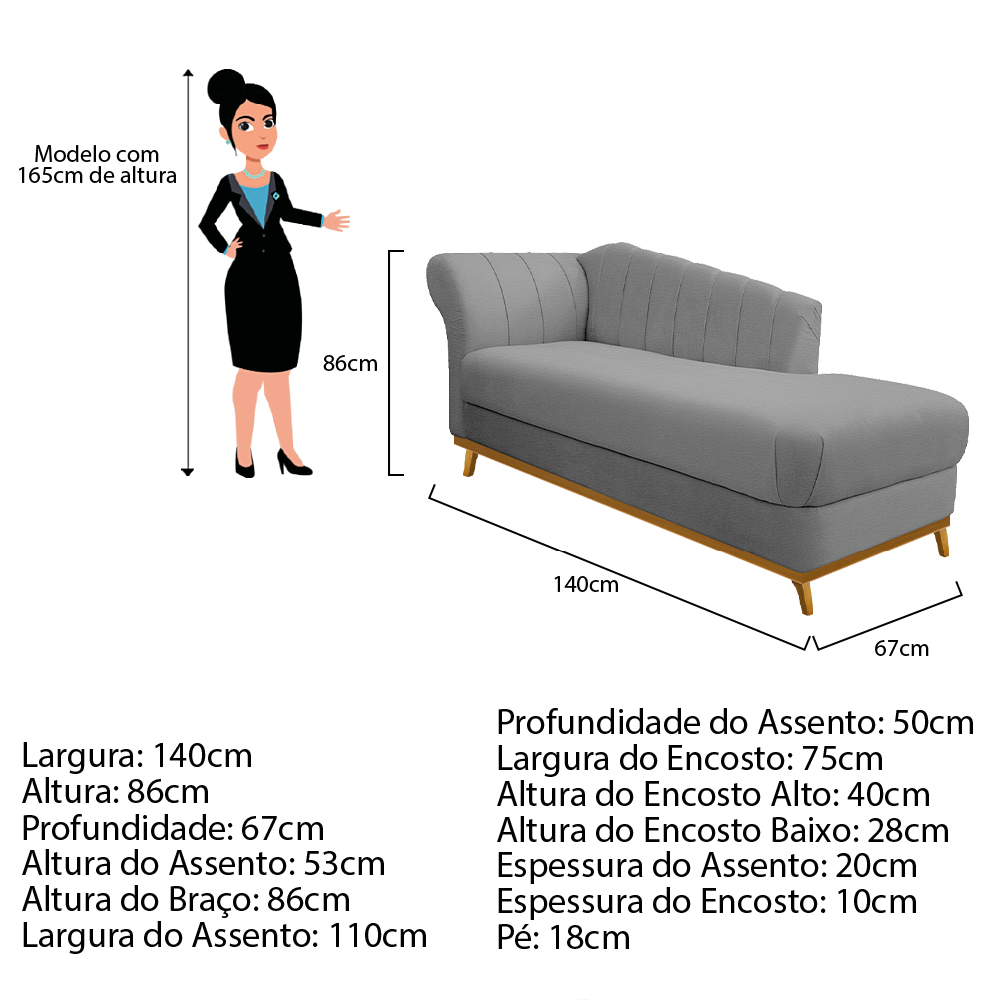 Recamier Vanessa 140cm Lado Direito Corano Cinza - Amarena Móveis
