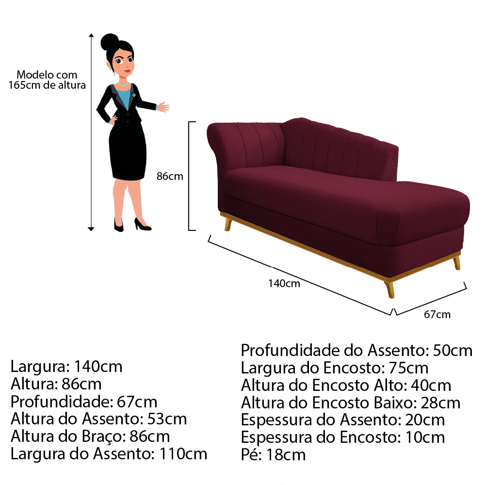 Recamier Vanessa 140cm Lado Direito Suede Bordô - Amarena Móveis