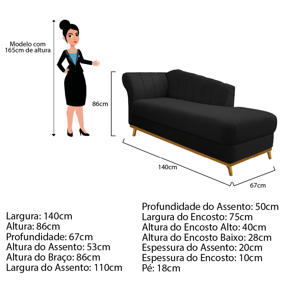 Recamier Vanessa 140cm Lado Direito Suede Preto - Amarena Móveis
