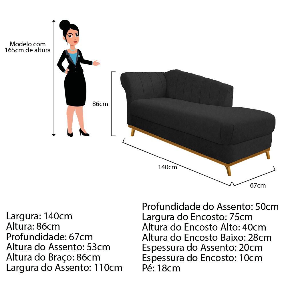 Recamier Vanessa 140cm Lado Esquerdo Corano Preto - Amarena Móveis